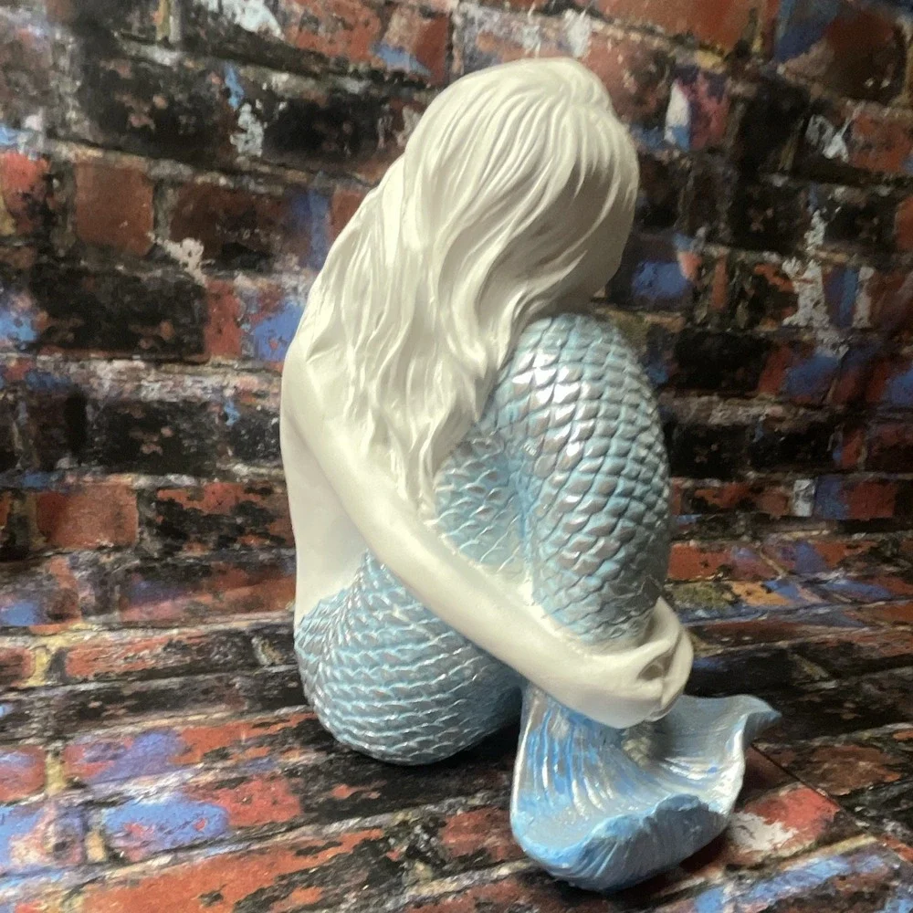 White & Blue Fantasy Mermaid Figurine Sitting Pose Holding Tail Decor